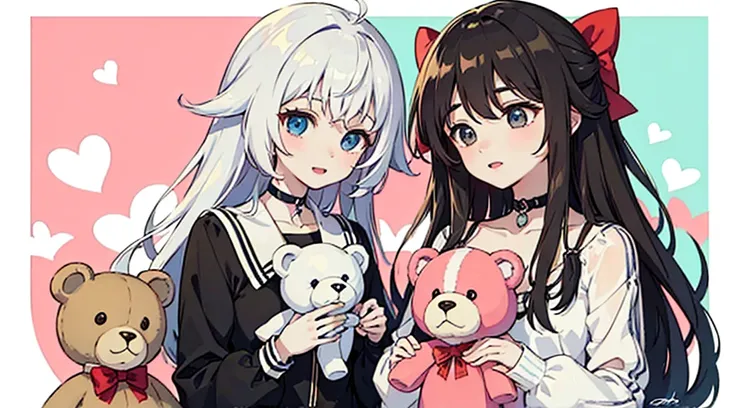 an anime-style illustration of two schoolgirls holding teddy bears. the girls should have long hair and wear white blouses with ...