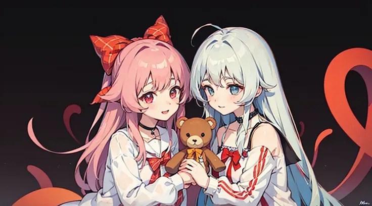 an anime-style illustration of two schoolgirls holding teddy bears. the girls should have long hair and wear white blouses with ...