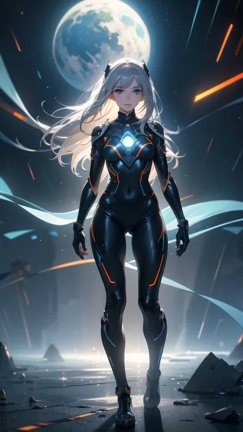 masterpiece, best quality, 8k, anime girl, full body, floating, imponent position, standing in center, tight hightech black bodysuit, no helmet, orange glowing parts, medium grey hair, hazel magnificent eyes, matching parts, extreme detailed, futuristic ci...