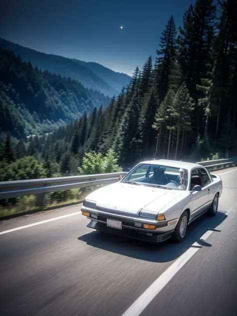 sprinter trueno（ae86）initial d（anime）black and white car paint, driving on the mountain road at night, sharp focus, cinematic br...