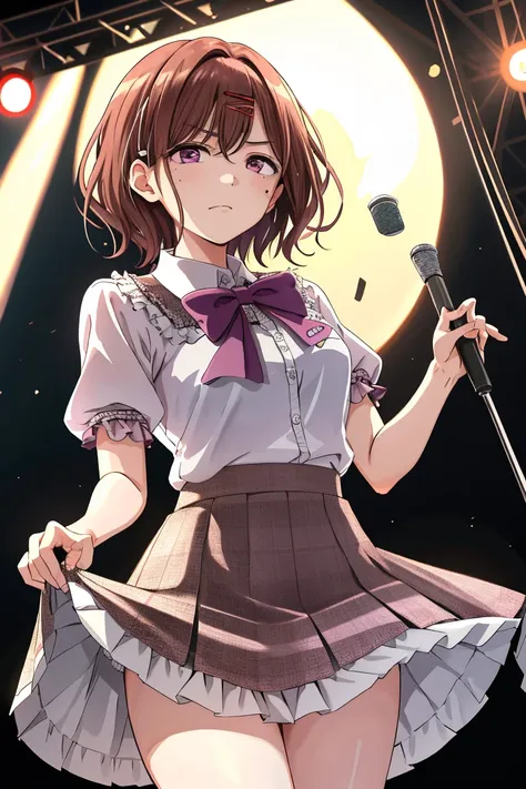 Best quality， higher， 1 Girl， Higuchi Madoka， Brown hair， Moles under the eyes， Hair accessories， Hairpin， Short and delicate hair， By Bangs， Purple Eye， Cowboy lens， Idol， Idol礼服， thigh， frown， On stage，(skirt lift:1.3), (Thong:1.1), Poker face，