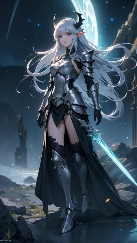 masterpience, best quality, high quality, 8k, anime girl, full body, imponent position, black dragon armor, very detailed armor, no helmet, silver long hair, green eyes, elf ears, flaming sword, castle background, glowing aura, night sky, stars, realistic ...