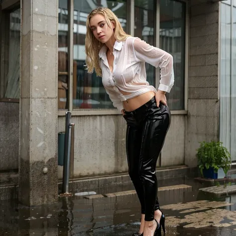 2 woman with blonde hair and white buttoned shirt and black pants and high heels. Soaked by rain. Seethrough. Outside on street. Full body. Seductive. wet hair