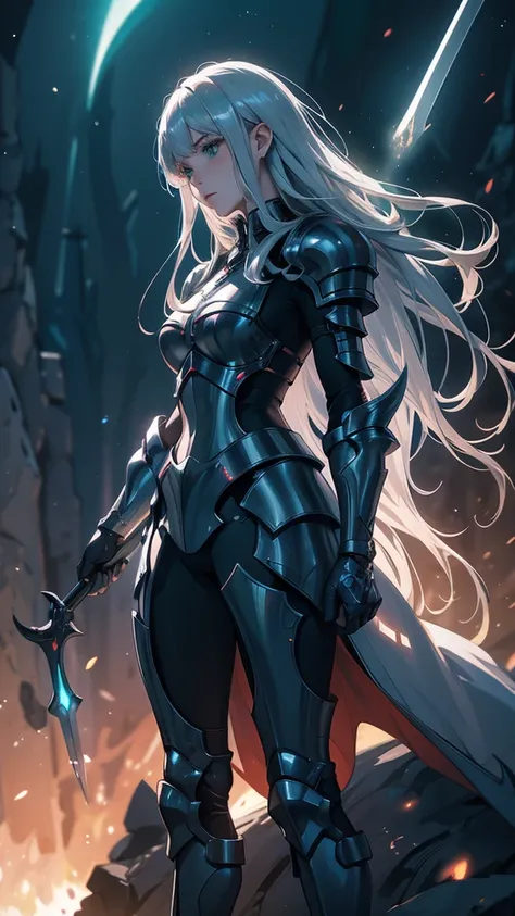 masterpience, best quality, high quality, 8k, anime demon girl, full body, imponent position,dragon armor, very detailed armor, no helmet, silver long hair, green eyes, flame sword, castle background, glowing aura, night sky, stars, realistic ilumination, ...