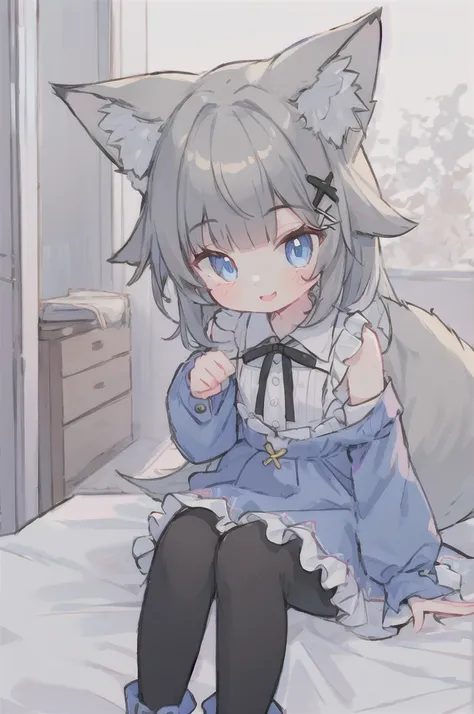 1 Girl, Solitary, Bangs, blue eyes, Hair accessories, x Hair accessories, bow, Fox ears, Fox Tail, Gray hair, flat chest, Blue Dress, White boots, Black over-the-knee stockings, Separate sleeves, Collared shirt, Wrist sleeves, Smile,