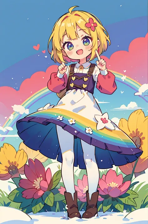 Standing in front of the photo、1 Girl,whole body,Short Bob,  Rainbow Hair,Boots,Open your mouth，Show a bright smile、Kawaii pose、Flowing rainbow silk、Wearing colorful tights、Face、Eyes up、Colorcon Heart、floral dress、There are flowers even in front of my eyes...