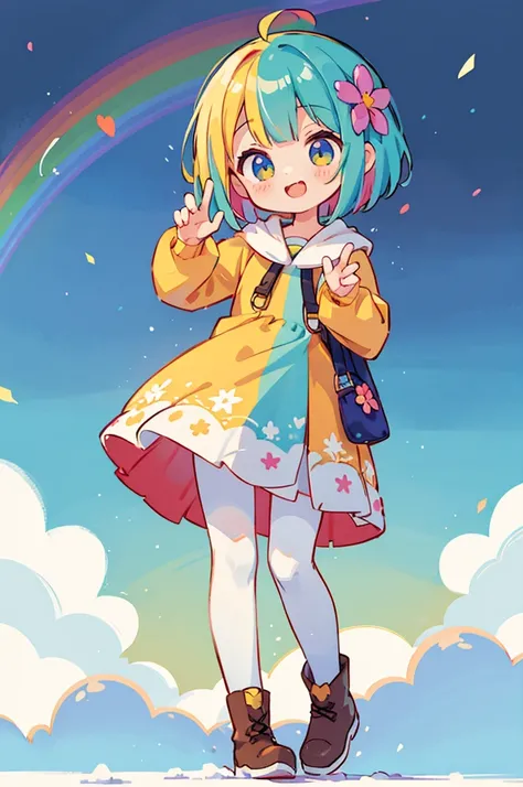 Standing in front of the photo、1 Girl,whole body,Short Bob,  Rainbow Hair,Boots,Open your mouth，Show a bright smile、Kawaii pose、Flowing rainbow silk、Wearing colorful tights、Face、Eyes up、Colorcon Heart、floral dress、There are flowers even in front of my eyes...