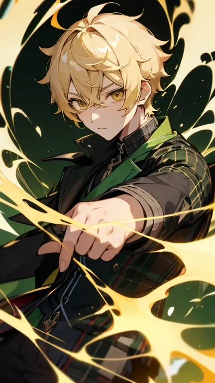 Aether from Genshin Impact.  Blonde short hair. Golden Eyes. 1boy. Green and black plaid jacket