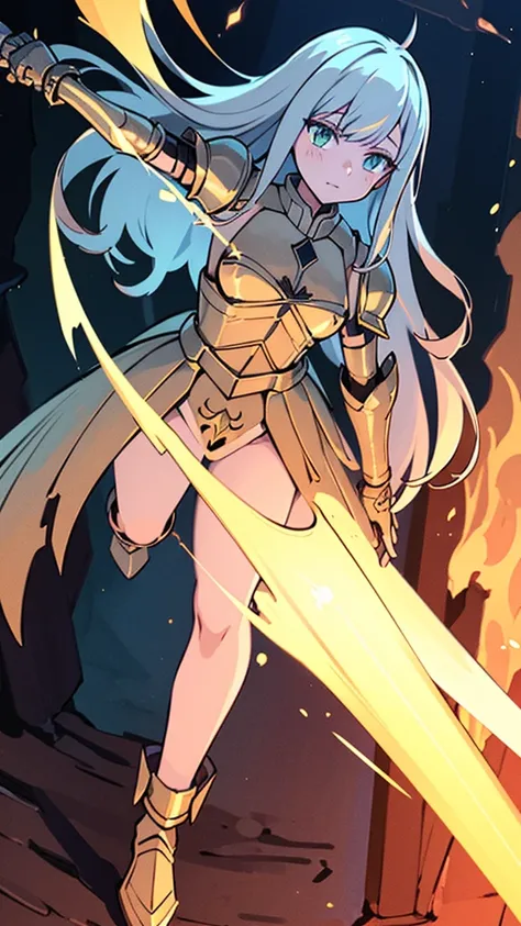 masterpience, best quality, high quality, 8k, anime demon girl, full body, imponent position, gold and white very detailed armor, no helmet, silver long hair, green eyes, flame sword, castle background, glowing aura, night sky, stars, realistic ilumination...