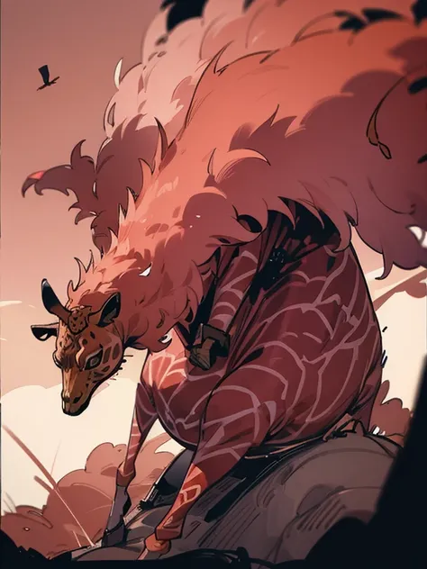 doflamingo riding a giraffe through the wilderness