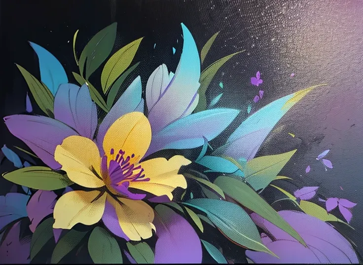 purple and yellow abstract painting of azaleas in bottom left corner of canvas, fade into dark background, thick paint