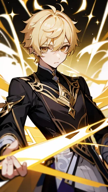 Aether from Genshin Impact.  Blonde short hair. Golden Eyes. 1boy. Floating above chaos. Perfect eyes.