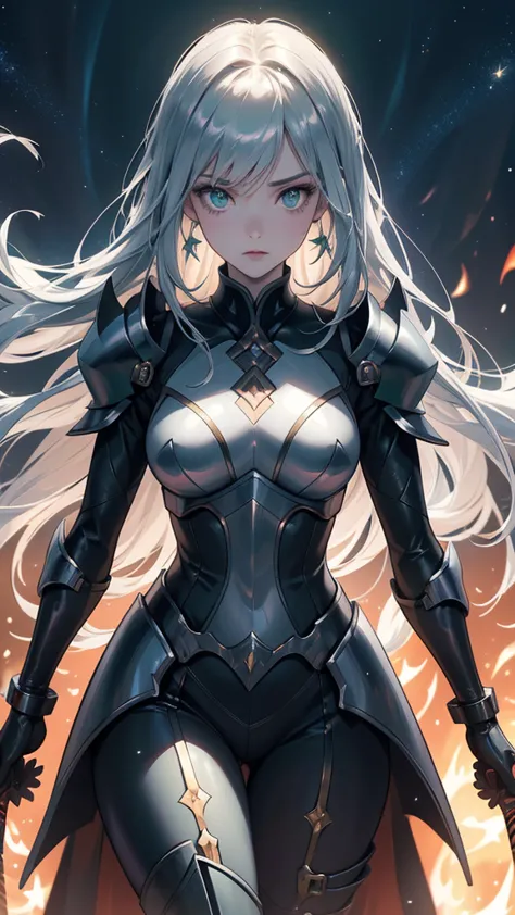 masterpience, best quality, high quality, 8k, anime demon girl, full body, imponent position, black dragon armor with gold details, no helmet, silver long hair, green eyes, perfect face, flame sword, castle background, glowing aura, night sky, stars, reali...