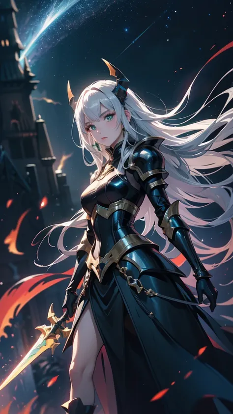 masterpience, best quality, high quality, 8k, anime demon girl, full body, imponent position, black dragon armor with gold details, no helmet, silver long hair, green eyes, perfect face, flame sword, castle background, glowing aura, night sky, stars, reali...