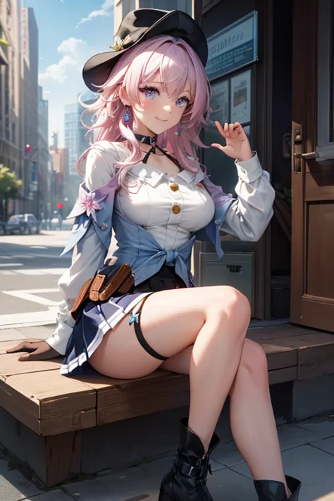 (masterpiece), best quality, expressive eyes, perfect face, 1 girl, solo, march seventh, blue eyes, hair between eyes, medium hair, pink eyes, pink hair, two-tone eyes, breasts, big breasts, large breasts, ankle boots, archery shooting glove, badge, legs, ...