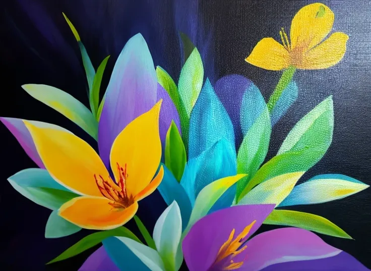 purple and yellow abstract painting of azaleas in bottom left corner of canvas, fade into dark background, modern painting