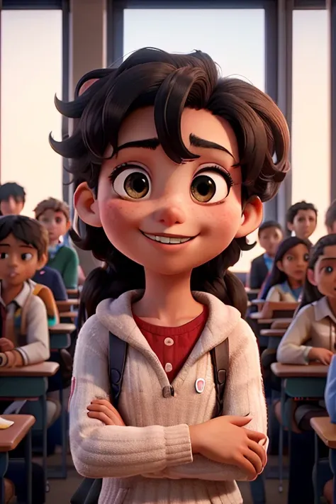 detailed face, detailed eyes, Dutch angle, perfect hands, from the front, a group of 10 teen students, 2 Latin girls, 2 black girls, 2 black boys, 2 Chinese boys, 2 Indian boys, all standing together in a cozy, well-appointed classroom, their faces alight ...