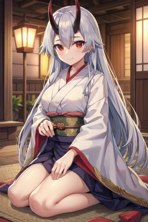 Masterpiece, best quality, tomoe gozen, torino style, 1person, red eyes, cute smile, hair between eyes, silver hair, very long hair, oni horns, adult, looking at viewer, long kimono, sit, seiza, long sleeves