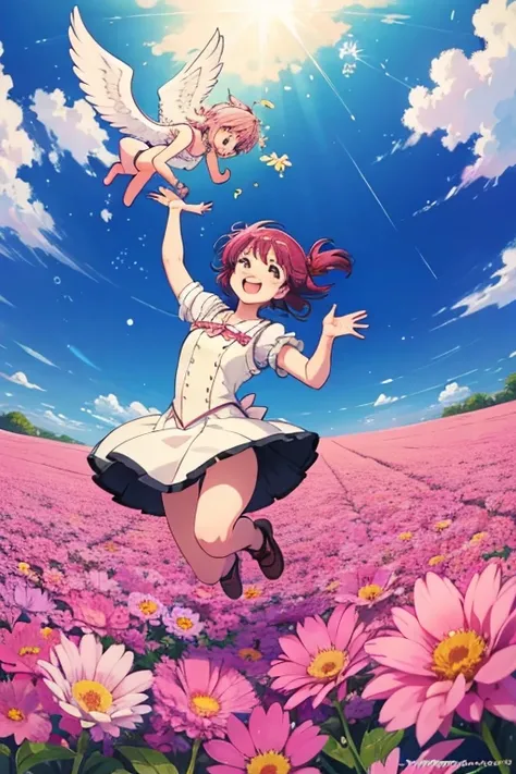 Madoka Ayukawa, Angel Art, Everybody jumps, smile, joy, heaven, like, Flower Field, happiness, Light, Let me