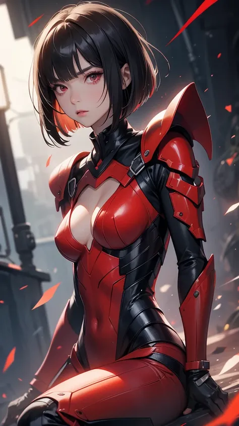 solo female, short hair, bangs covering one eye, dark hair, bob cut, red eyes, emotionless expression, bodysuit armor