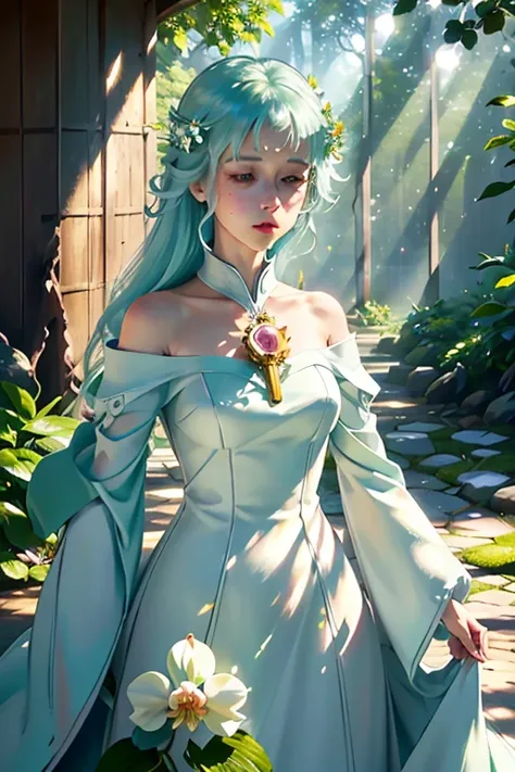 You walk alongside the Cryptic Girl through a meticulously maintained botanical garden. Sunlight filters through the vibrant foliage, casting dappled light on her hair. She stops to examine a rare orchid, her eyes gleaming with a newfound curiosity that br...