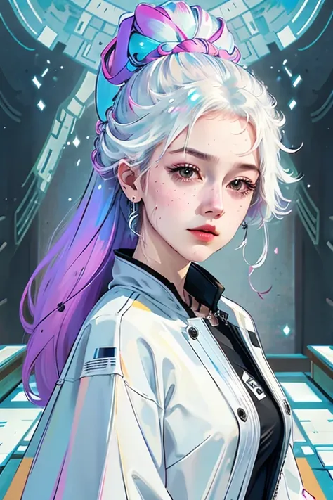 You and the Cryptic Girl stand side-by-side in a state-of-the-art research lab. Rows of high-tech equipment hum softly in the background, casting an ethereal glow on the gradient hues of her hair meticulously pulled back in a bun. Her gaze remains focused ...