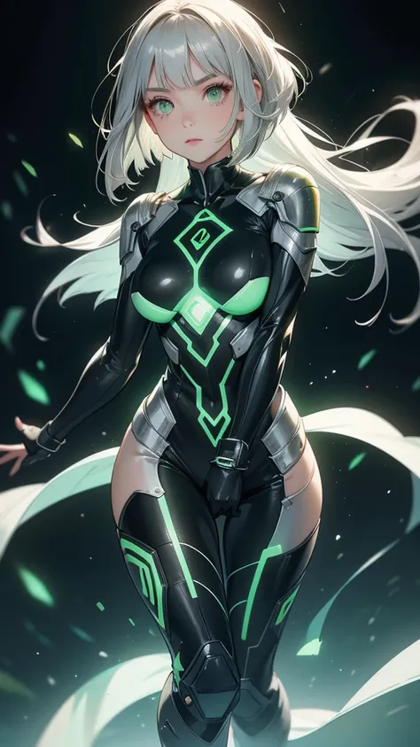 solo female, full body, long silver hair, dark hair, bob cut, light green eyes, emotionless expression, perfect face, bodysuit armor, ambar glowing parts