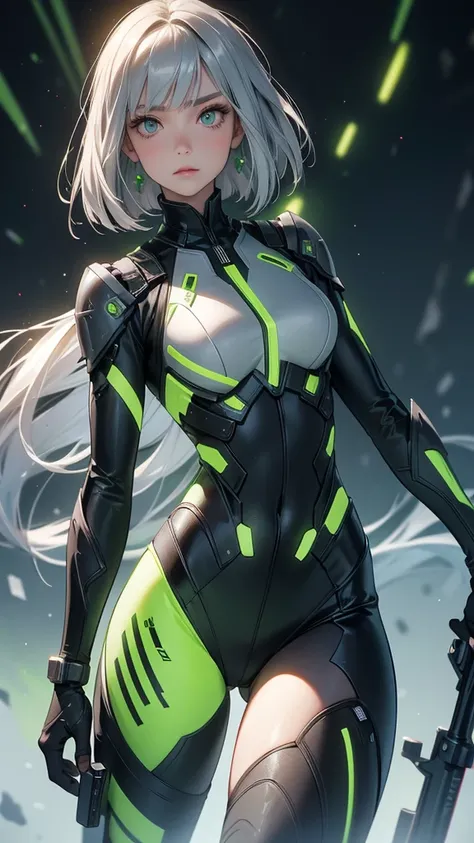 solo female, full body, long silver hair, dark hair, bob cut, light green eyes, emotionless expression, perfect face, bodysuit armor, ambar glowing parts