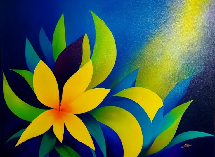 purple and yellow abstract painting of azaleas in bottom left corner of canvas, fade into dark background, modern painting