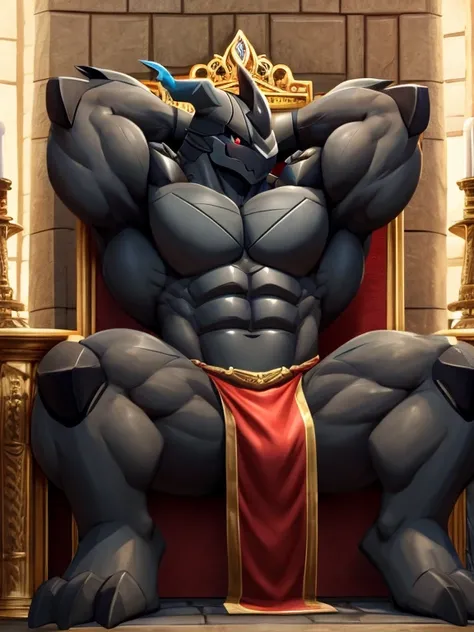  Pokemon Zekrom, body builder, arms behind head, loin cloth, massive black dragon cock, sitting on a throne in a castle 