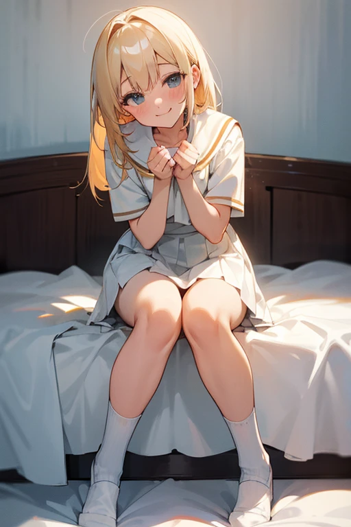 white_skirt,white_panties,blond_hair,white_ankle_socks,best quality,light blush,smile,hide her hands,drooling,pure girl,sit on the bed,full body