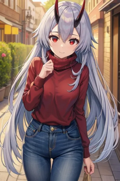 Masterpiece, best quality, tomoe gozen, torino style, 1person, red eyes, cute smile, hair between eyes, silver hair, very long hair, oni horns, looking at viewer, sweater, jeans