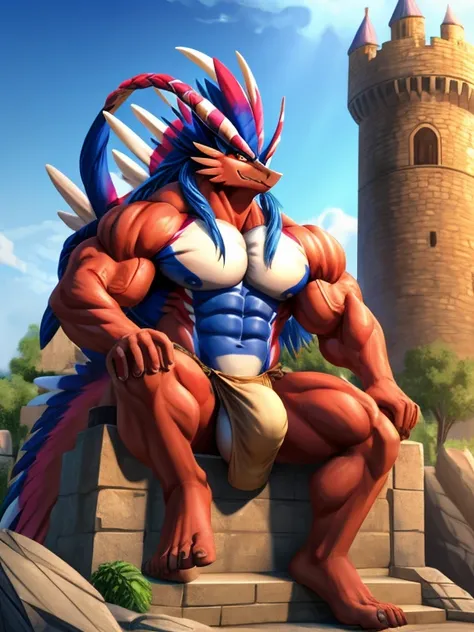  Pokemon Koraidon, body builder, arms crossedd, loin cloth, massive bulge, sitting on a throne in a castle 