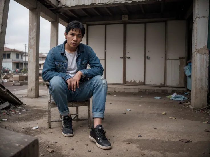 (8k, RAW photo, best quality, masterpiece:1.2), (realistic, photo-realistic:1.37), a sad Indonesian man is sitting on a chair that is damaged, wearing torn clothes and long denim, his shoes are dirty and short hair, there is dirt and ruins around him, the ...