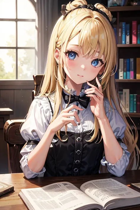 (8k, highest quality, Tabletop:1.2)、Ultra-high resolution、One 12-year-old girl, Detailed face、black eye, Blonde, Long Hair, Alice in Wonderland, lib_bg