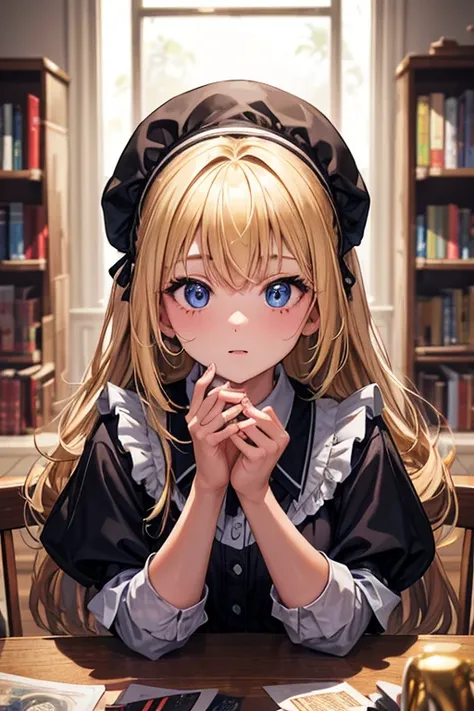 (8k, highest quality, Tabletop:1.2)、Ultra-high resolution、One 12-year-old girl, Detailed face、black eye, Blonde, Long Hair, Alice in Wonderland, lib_bg