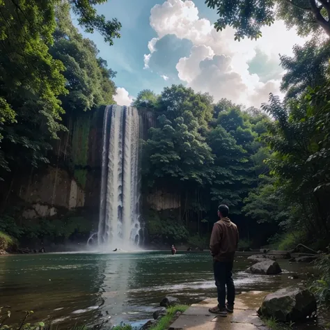 Man standing in forest near water fall and cloud with beautiful birds 