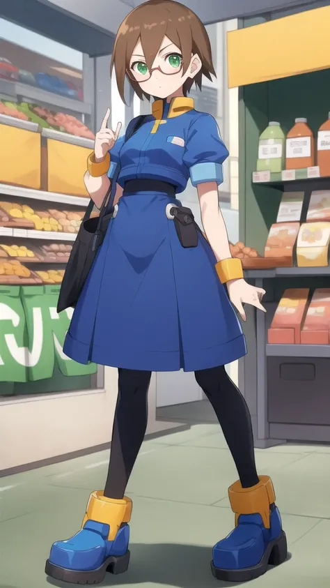 Aile_megamanzx, 1 girl, looking at viewer, Brown hair, green eyes , Market background , Glasses, Cashier Oxxo clothes , full body 