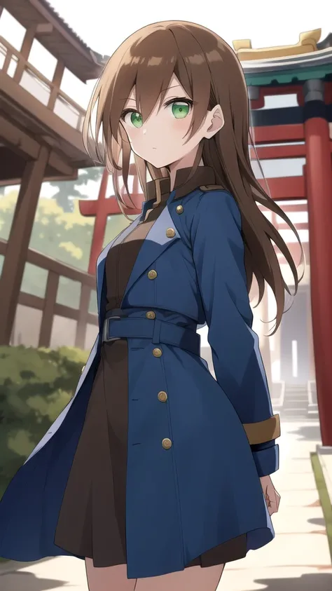 Aile_megamanzx, 1 girl, looking at viewer, Brown hair, green eyes ,Japanense Temple background , Dress and trench coat dress