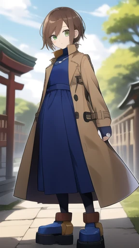 Aile_megamanzx, 1 girl, looking at viewer, Brown hair, green eyes ,Japanense Temple background , Dress and trench coat dress