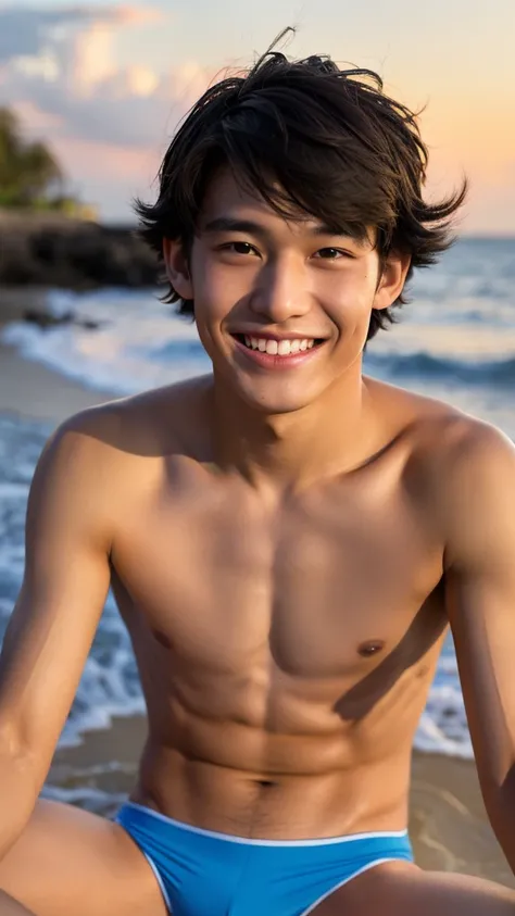 male　Age 18 Lifesaver swimwear smiling hawaii  in the evening