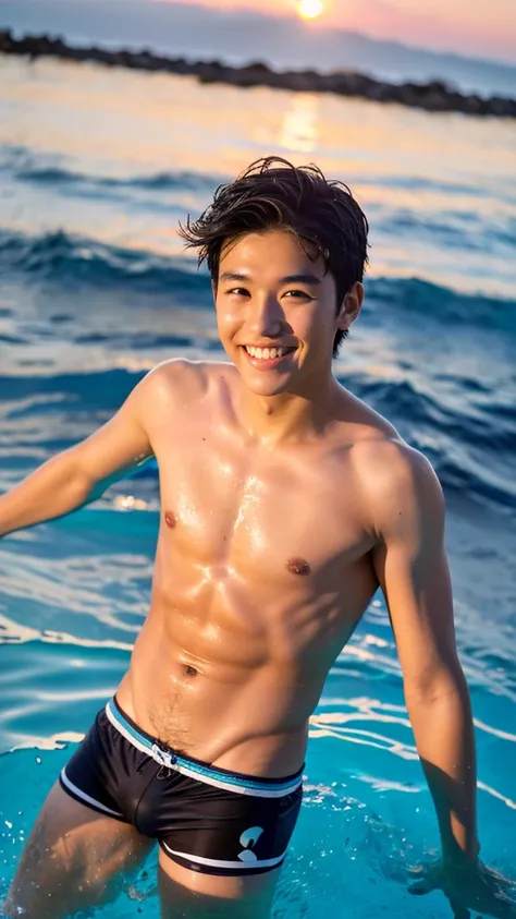 male　Age 17 Lifesaver swimwear smiling hawaii  in the evening