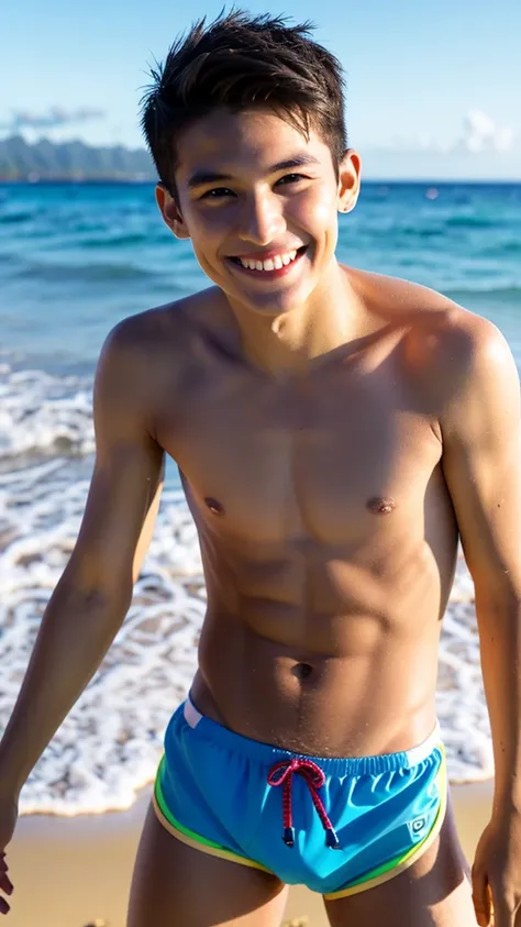 male　Age 15 Lifesaver swimwear smiling hawaii  in the evening