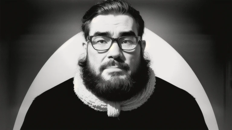 (young), Pop Art Theme、Bearded man wearing glasses. (Black and White), Artistic, ennui, Inorganic, Monochrome, sorrow, desolate, far-reaching, Shadow, silence, contrast, Vivid, 陰Shadow, Decadence, Mysterious, Creepy, Sadness, Mysterious, Black and White, S...