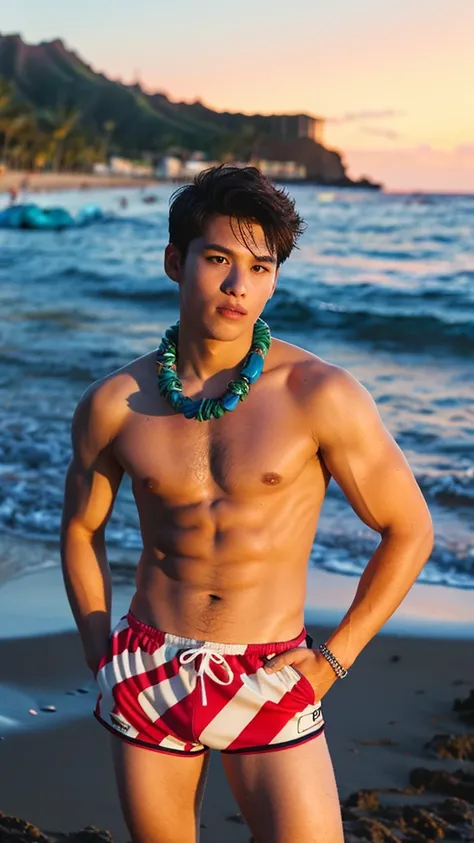 male　Age 18 Lifesaver swimwear cool hawaii  in the evening