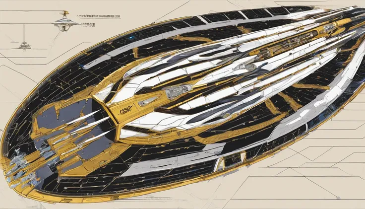 6A stunningly detailed sci-fi illustration of a massive futuristic starship, in the style of Todd McFarlane, with a neon gold coloring and neon sky blue edging. The cream colored crystalline nacelles located, at the back of the ship , at a 75° angle with a...