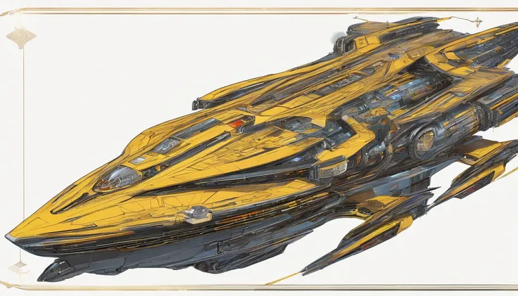 6A stunningly detailed sci-fi illustration of a massive futuristic starship, in the style of Todd McFarlane, with a neon gold coloring and neon sky blue edging. The cream colored crystalline nacelles located, at the back of the ship , at a 75° angle with a...