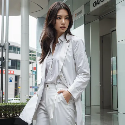 female supermodel. singapore chinese. orchard road, singapore. white doctor coat. white formal shirt. black trousers. close-up.