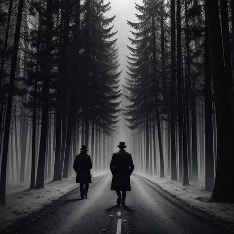 (Best quality, black and white:1.2), Man with a black coat and hat, walking on a road facing away in the middle of a forest at night, detailed texture of the coat and hat, moonlit shadows, misty atmosphere, dead leaves on the ground, tall trees surrounding...