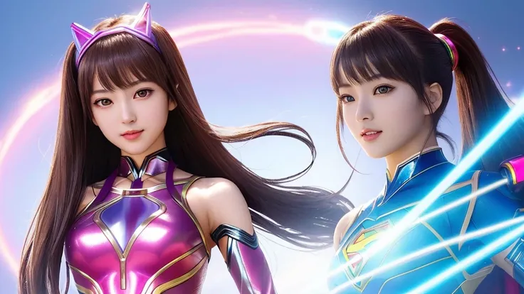 (highest quality, High resolution, masterpiece:1.2), Very detailed, Realistic:1.37, (Perfect Anatomy),1 girl,,Cute Japanese Girl,18-year-old,(Transform into a superheroine:1.3),Beautiful Skin,Beautiful Eyes,(Futuristic, Shiny superheroine suit meets pink r...